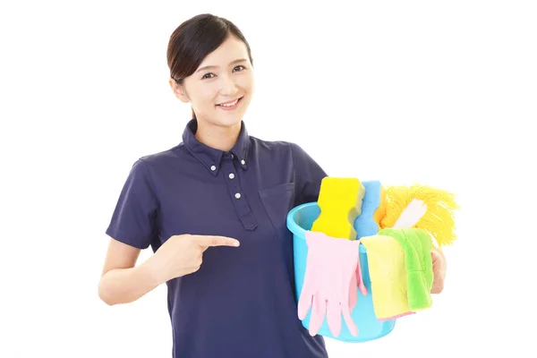 Smiling Female Janitor White Background — Stock Photo, Image