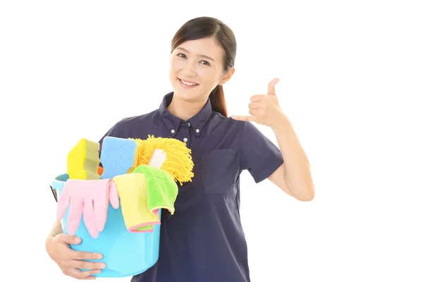 Sorridente Custode Femminile Sfondo Bianco — Foto Stock