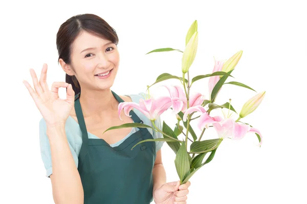 Florista Mujer Sonriendo Con Flores — Foto de Stock