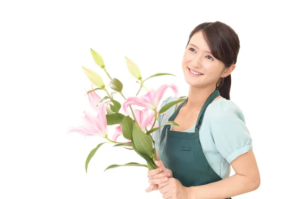 Florista Mujer Sonriendo Con Flores — Foto de Stock