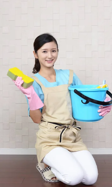 Sorrindo Mulher Posando Com Suprimentos Limpeza — Fotografia de Stock