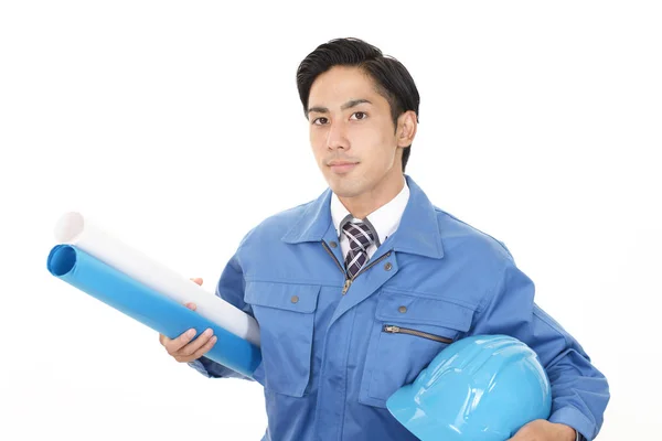 Sorrindo Homem Asiático Trabalhador Vestindo Uniforme Azul — Fotografia de Stock