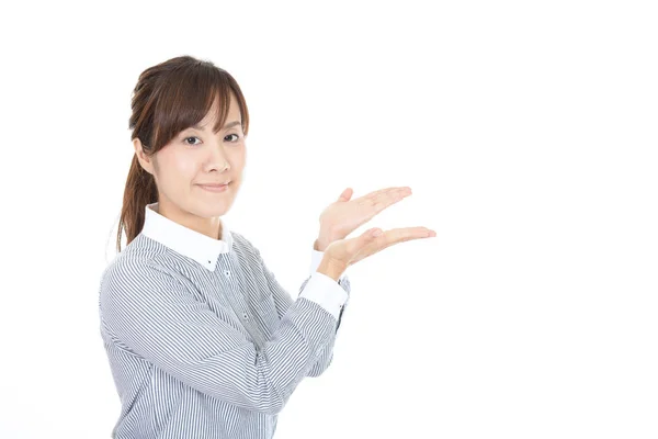 Woman Showing Something Palm Her Hands — Stock Photo, Image