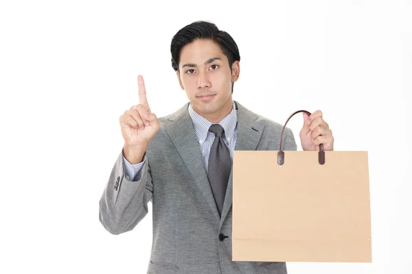 Homem Asiático Segurando Saco Compras Papel — Fotografia de Stock