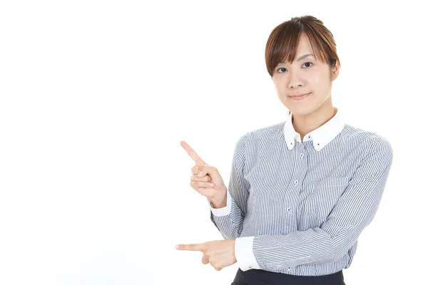 Asian Woman Pointing Isolated White Background — Stock Photo, Image