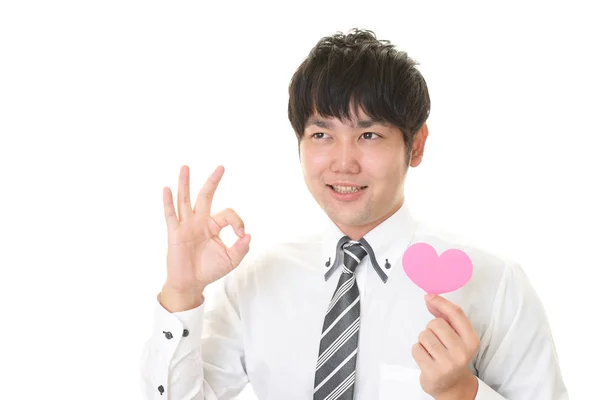 Sorrindo Homem Segurando Rosa Coração Amor Símbolo — Fotografia de Stock