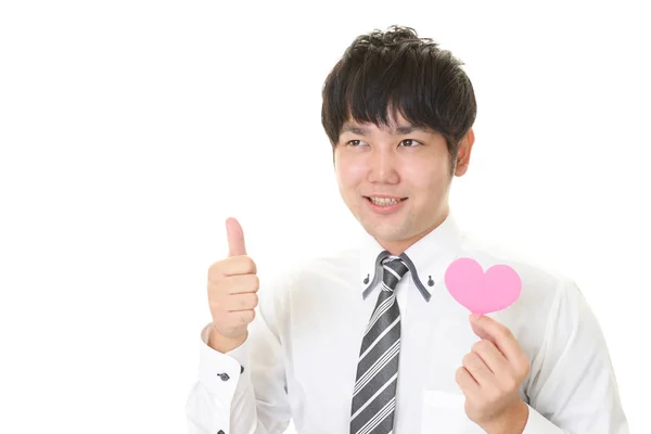 Sorrindo Homem Segurando Rosa Coração Amor Símbolo — Fotografia de Stock