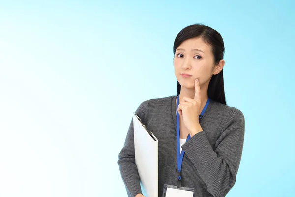 Woman Dissatisfied Expression Isolated Blue Background — Stock Photo, Image