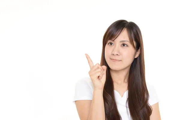 Asiatische Frau Zeigt Mit Dem Finger — Stockfoto