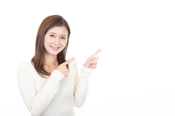 Asiatische Junge Frau Zeigt Mit Ihren Fingern — Stockfoto