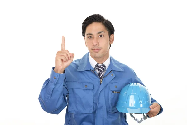 Sorrindo Trabalhador Asiático Vestindo Uniforme Azul — Fotografia de Stock