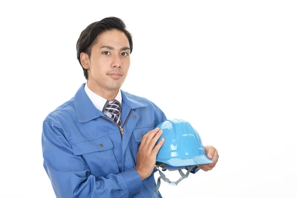 Sonriente Trabajador Asiático Vistiendo Uniforme Azul —  Fotos de Stock