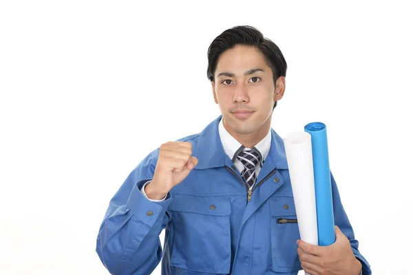 Sorrindo Trabalhador Asiático Vestindo Uniforme Azul — Fotografia de Stock