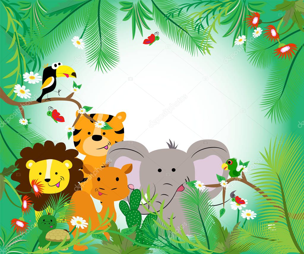 Frame with african animals and leaves. Bright color. Vector illustration.