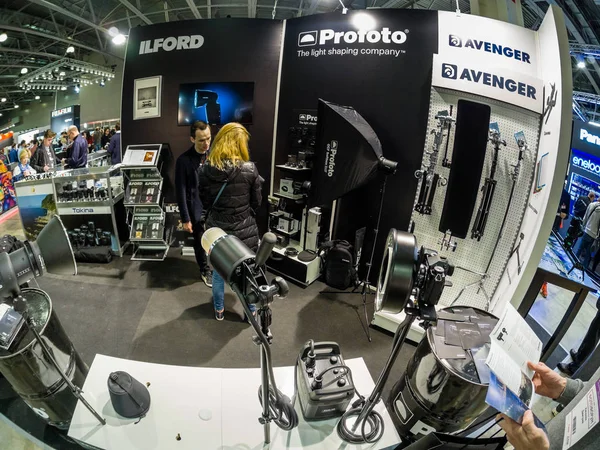 MOSCOW, RUSSIA - APRIL 11, 2019: Common booth of Avenger, Ilford and Profoto companies at PhotoForum 2019 trade show and exhibition in Moscow, Russia on April 11, 2019 — Stock Photo, Image