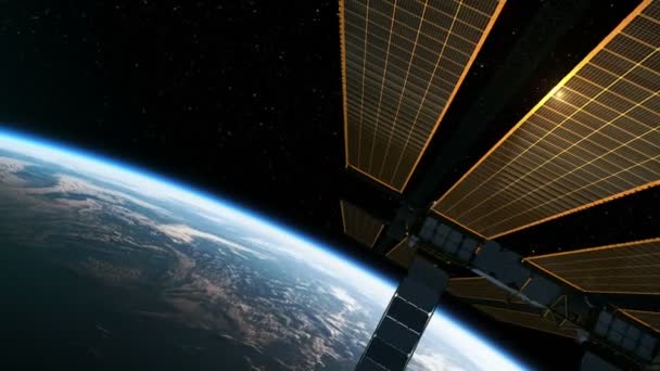 Vol De La Station Spatiale Internationale Sur Le Fond Du Soleil. Animation 3D .
