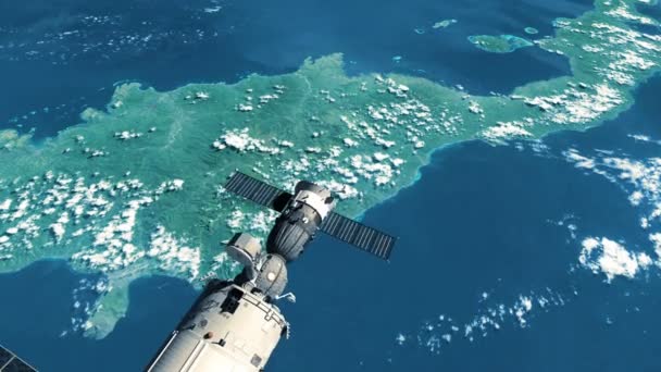 Flug der internationalen Raumstation über den Planeten Erde. 3D-Animation.