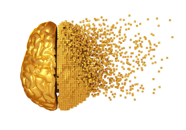 Desintegration Of Golden Digital Brain On White Background