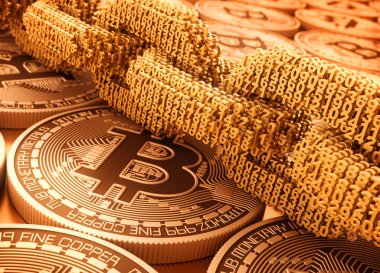 Birbirine bağlı 3d numaraları ve Bitcoins dijital Zinciri.