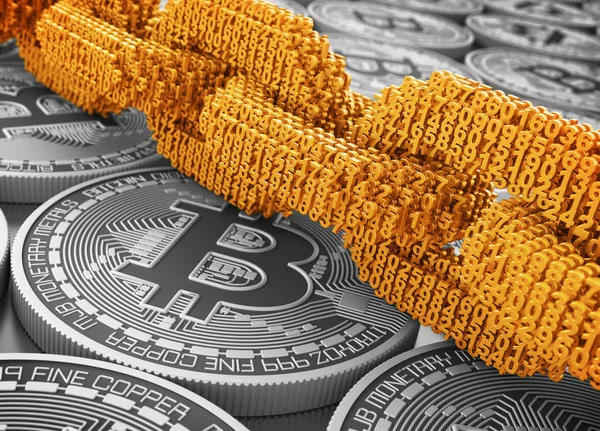 Концепція Blockchain. Золотий ланцюжок цифрових взаємопов'язаних 3d чисел на срібло Bitcoins — стокове фото