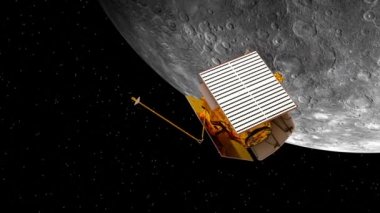 Planet Mercury etrafında dönen gezegenler arası uzay istasyonu. 3D animasyon.