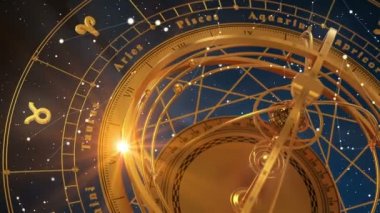 Zodyak işaretleri ve Armillary küre mavi arka plan üzerinde. Sorunsuz ilmekledi. 3D animasyon.