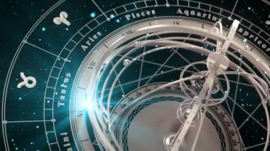 Zodyak işaretleri ve Armillary küre siyah arka plan üzerinde. Sorunsuz ilmekledi. 3D animasyon.