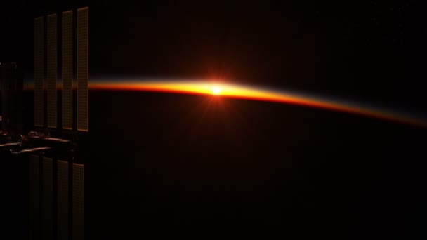 Flug Der Internationalen Raumstation Den Strahlen Der Aufgehenden Sonne Animation — Stockvideo