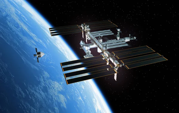 Космический корабль готовится к стыковке с Международной космической станцией — стоковое фото