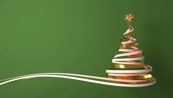 Árbol de Navidad de cintas blancas, rosadas y doradas sobre fondo verde . — Foto de Stock