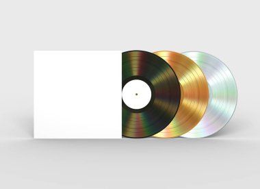 Siyah, altın ve platin vinil kayıtları ve beyaz kağıt çalışması