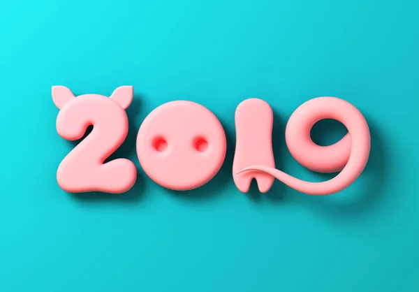돼지 귀, 코, 다리 및 꼬리에 파란색 배경으로 숫자 개념 2019 — 스톡 사진