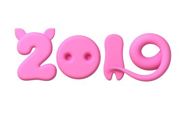 Domuz kulak, burun, bacak ve kuyruk beyaz arka plan üzerinde izole olarak pembe sayılarla kavramı 2019