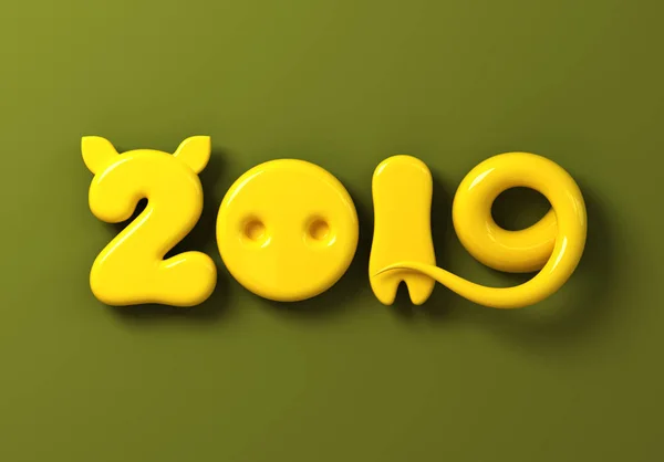 Konsepti 2019 keltaisilla numeroilla siankorvina, nenänä, jalkana ja hännällä vihreällä taustalla — kuvapankkivalokuva