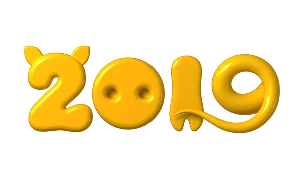 Konsepti 2019 keltaisilla numeroilla sikojen korvina, nenänä, jalkana ja hännän eristettynä valkoisella taustalla — kuvapankkivalokuva