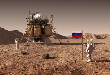 Astronotlar bir Rus bayrağı Mars gezegeni ayarla.