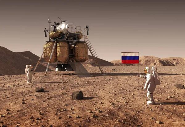 행성 화성에는 러시아 플래그를 설정 하는 우주 비행사 — 스톡 사진
