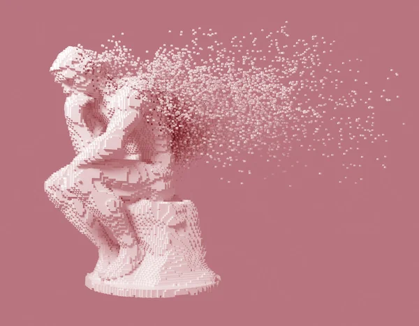 Desintegración del pensador de escultura digital sobre fondo rosa —  Fotos de Stock