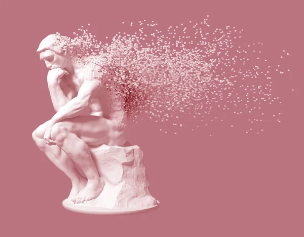 Desintegração do pensador de escultura no fundo rosa — Fotografia de Stock
