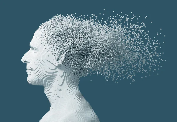Desintegration auf 3d-Pixeln des digitalen Mannes Kopf auf blauem Hintergrund — Stockfoto