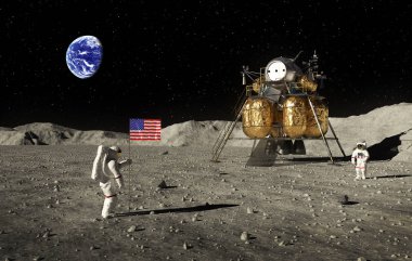 Astronotlar aya bir Amerikan bayrağı ayarla