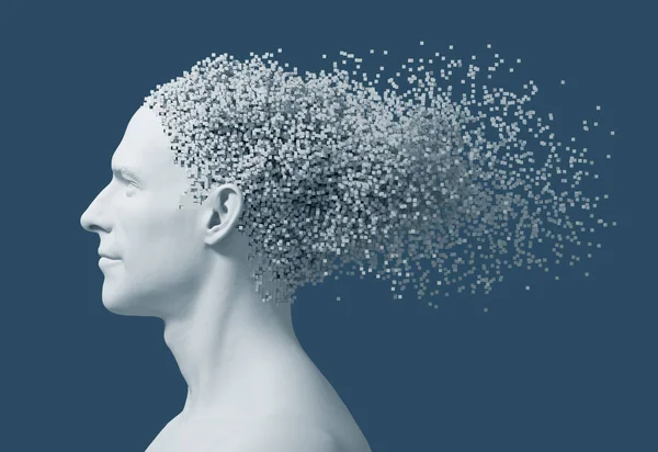 Desintegration On 3D Pixels Of Mans Head On Blue Background