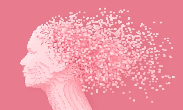 Cabeza pixelada de mujer y píxeles 3D como pelo sobre fondo rosa —  Fotos de Stock