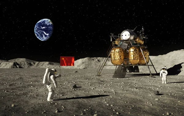 Astronautas establecen una bandera china en la luna —  Fotos de Stock