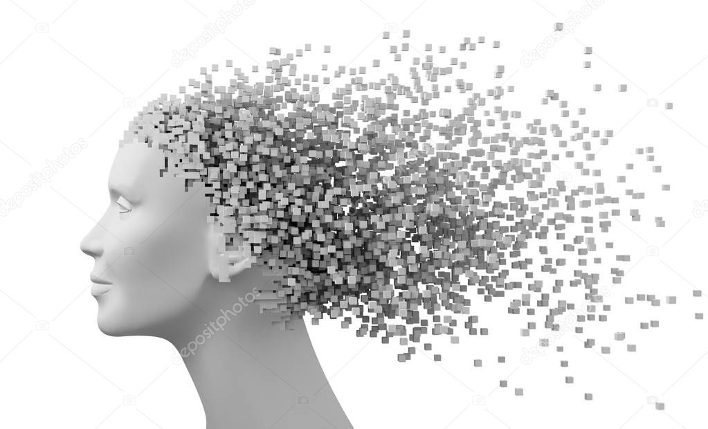 Head Of Woman And 3D Pixels As Hair Isolated On White Background