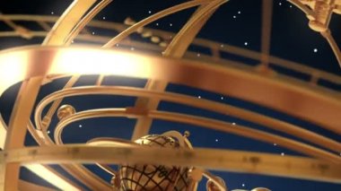 Armillary küre ve zodyak işaretleri mavi zemin üzerine. 3D animasyon.