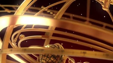 Armillary küre ve zodyak işaretleri kırmızı zemin üzerine. 3D animasyon.