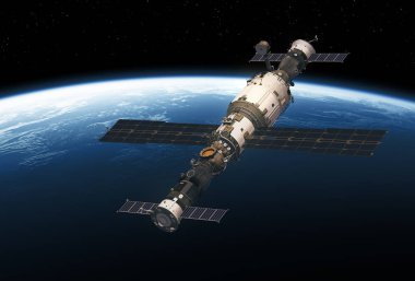 Uzay İstasyonu ve gezegen Dünya yörüngesinde Spacecrafts