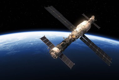 Spacecrafts ve uzay istasyonu yörüngeli. 3D çizim.