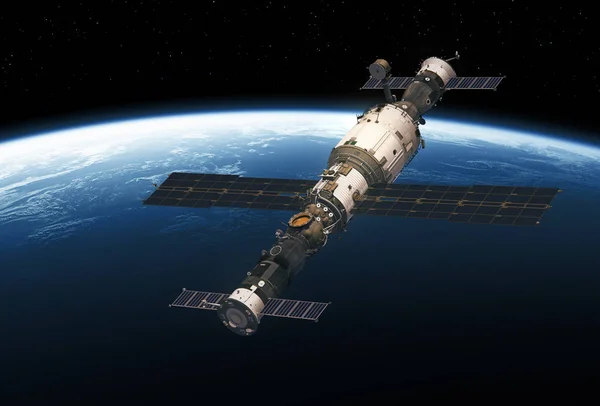 Estação Espacial e Espaçonaves Orbitando o Planeta Terra — Fotografia de Stock